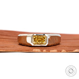 Front view platinum signet ring with east west radiant yellow lab diamond.