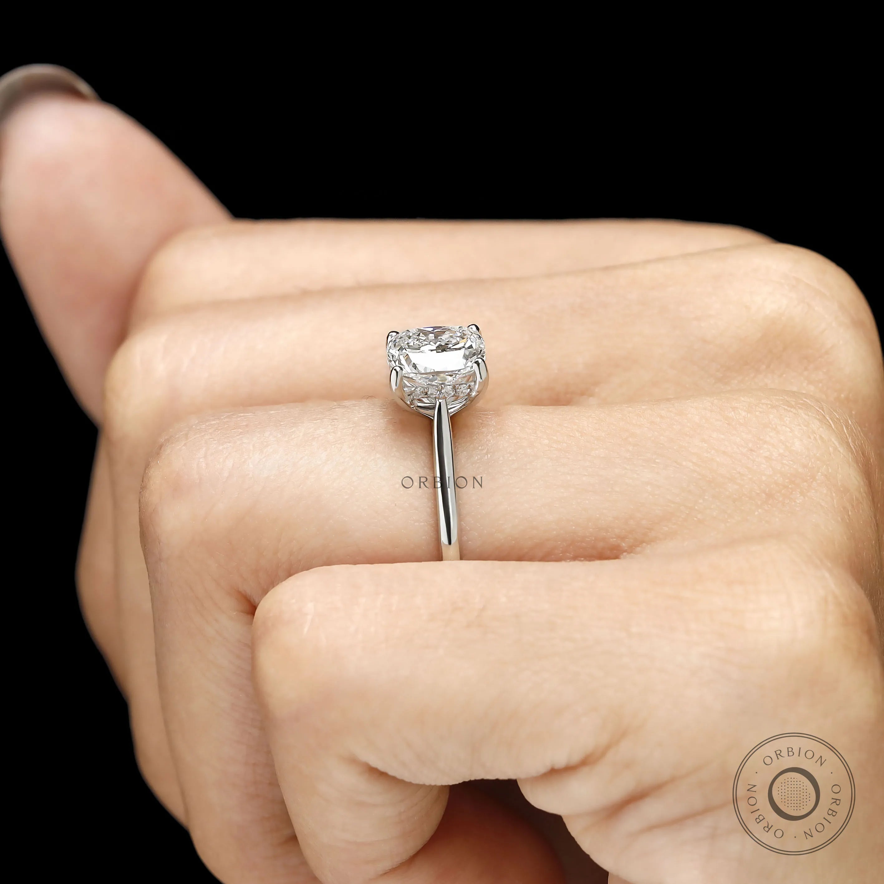 Modern platinum ring with cushion cut lab diamond or moissanite, hidden halo and stackable design