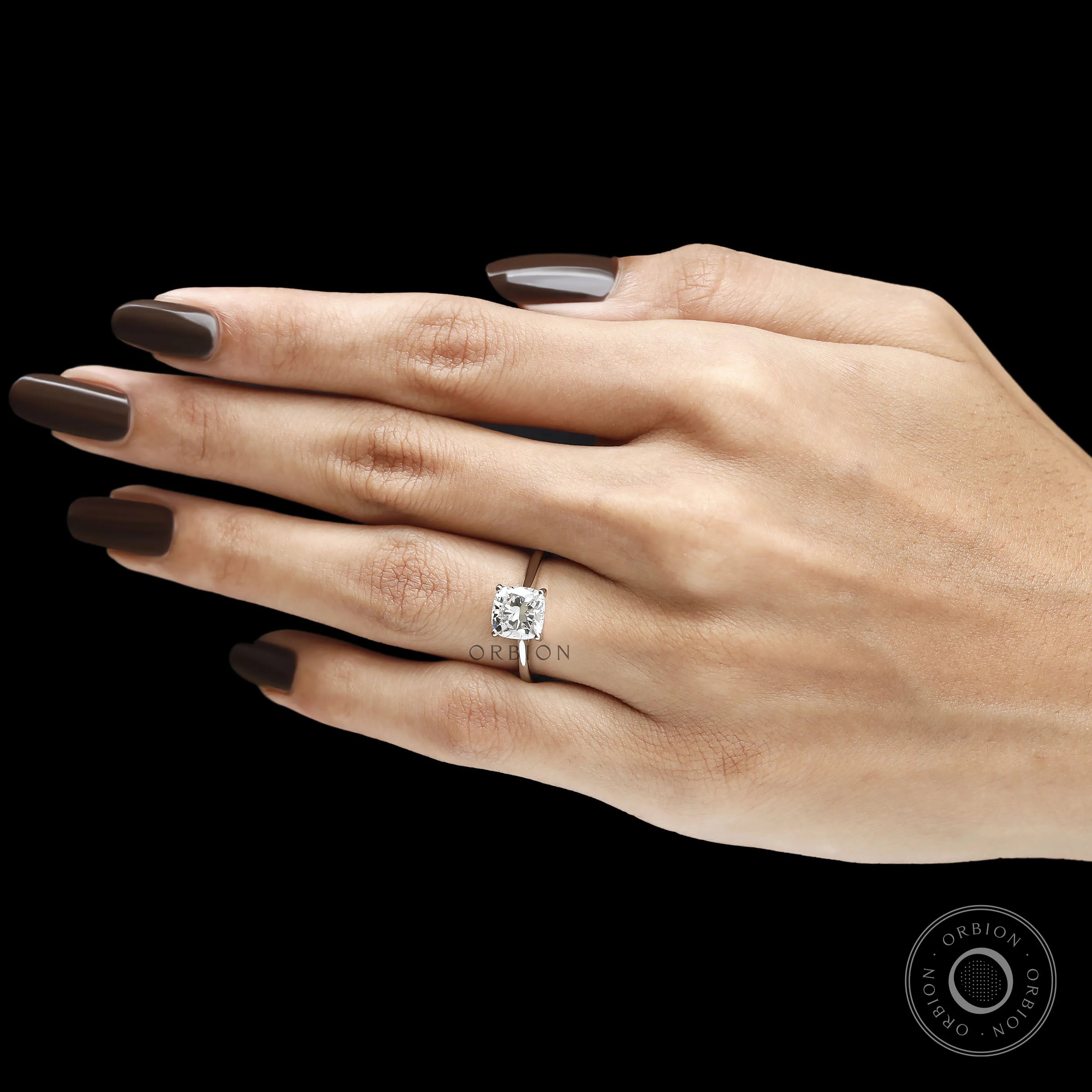Stackable platinum engagement ring with 2 Ct cushion cut gemstone, hidden halo and elegant bridal style