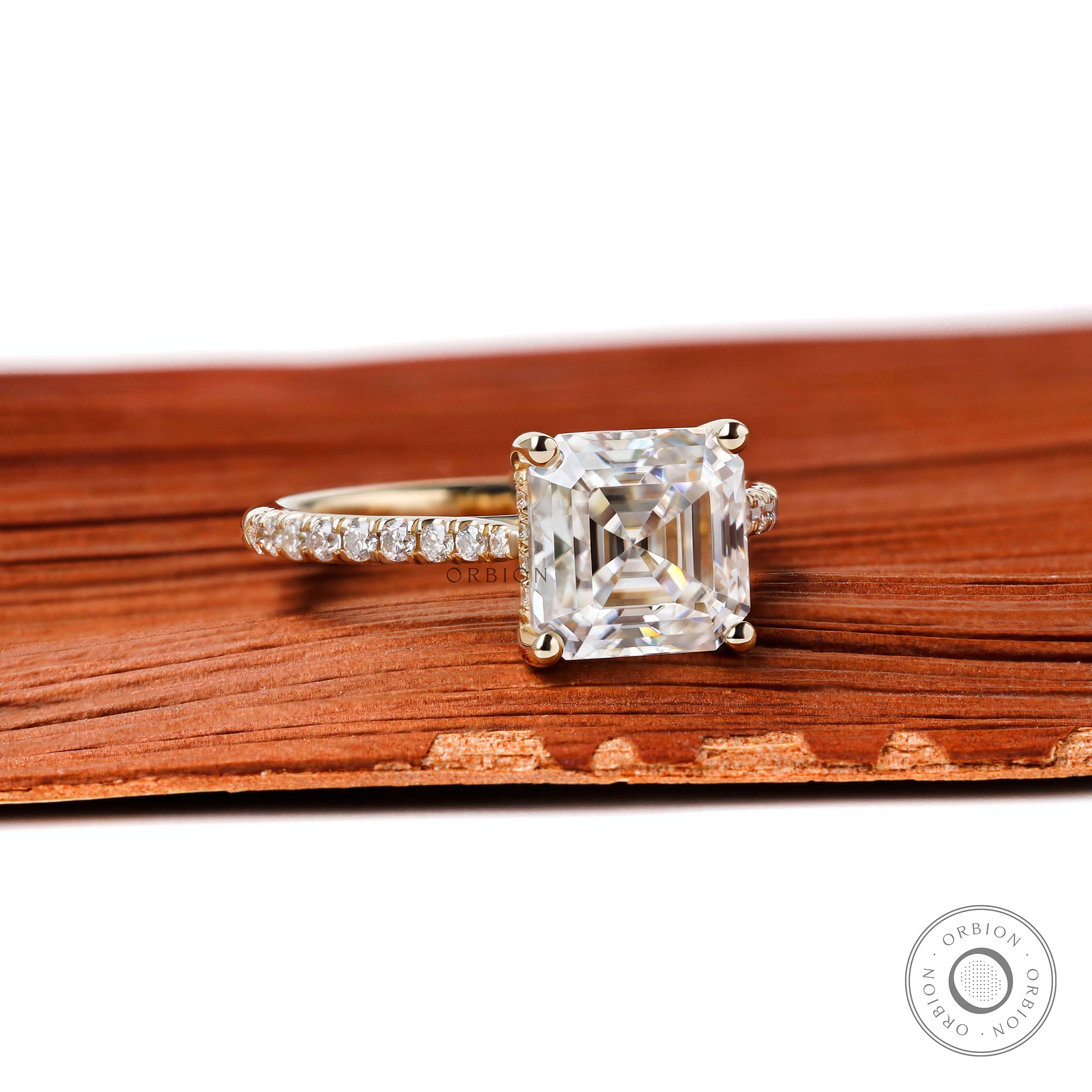 Asscher moissanite solitaire ring with hidden halo