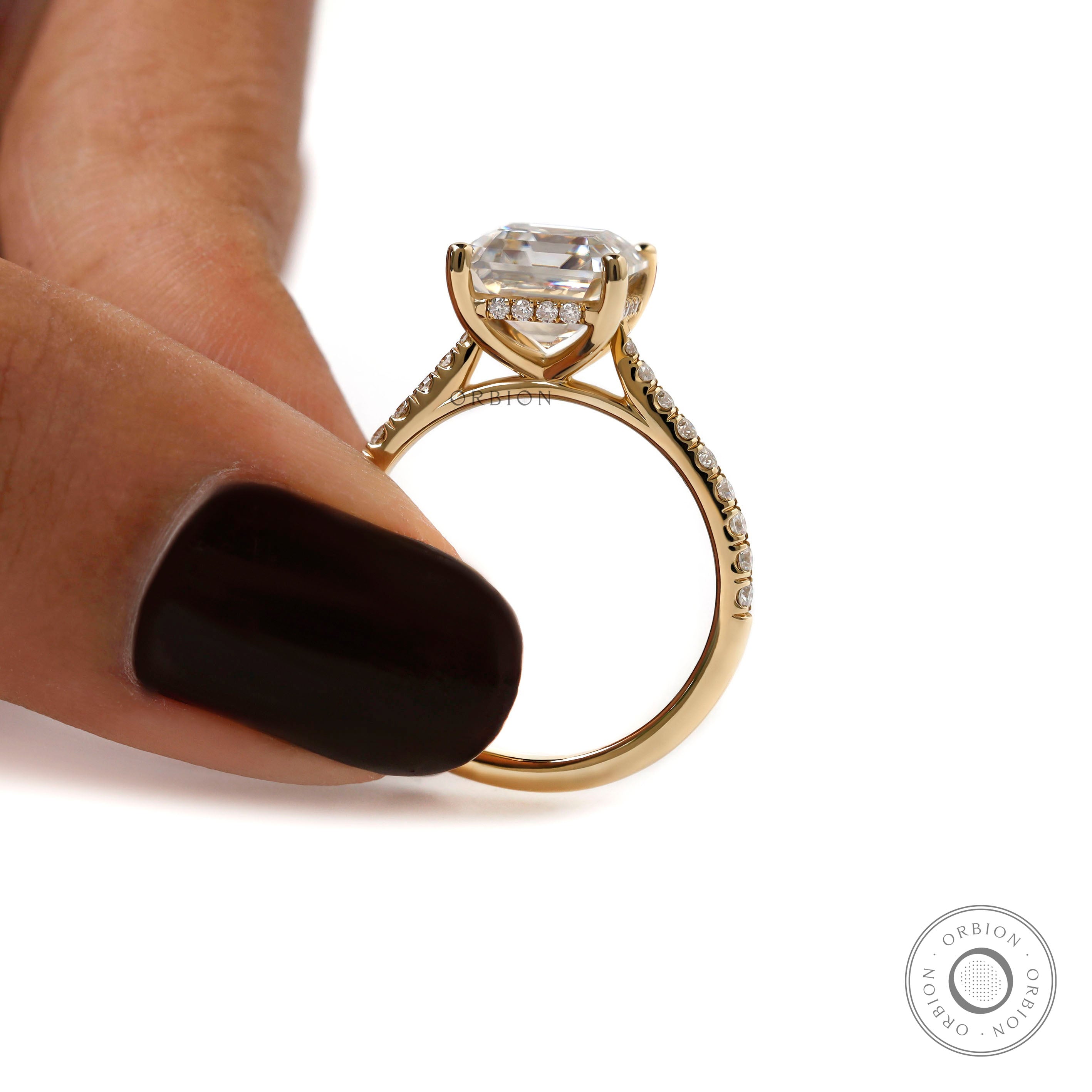 Hidden halo asscher cut diamond ring side profile