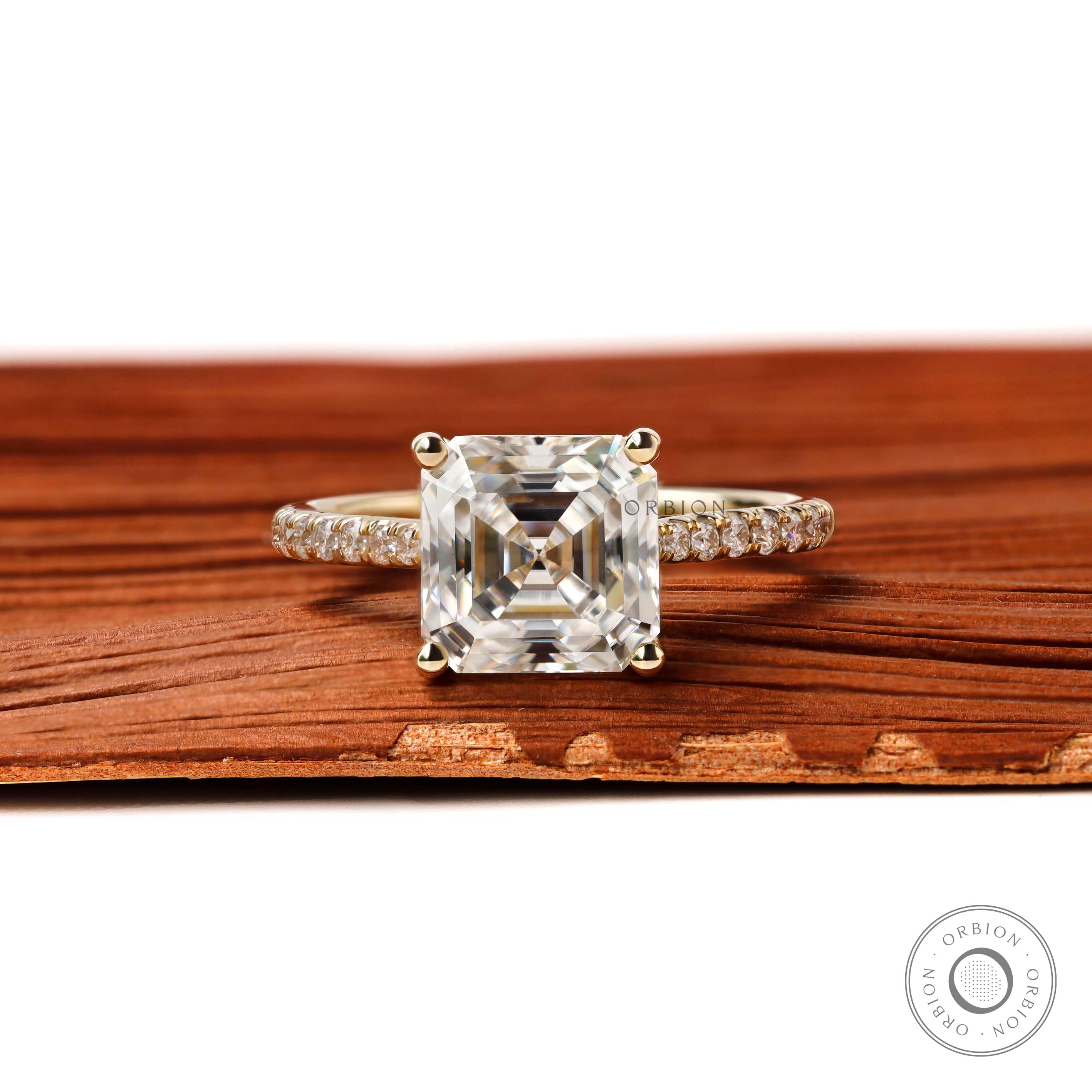 Asscher cut hidden halo engagement ring in 10K yellow gold
