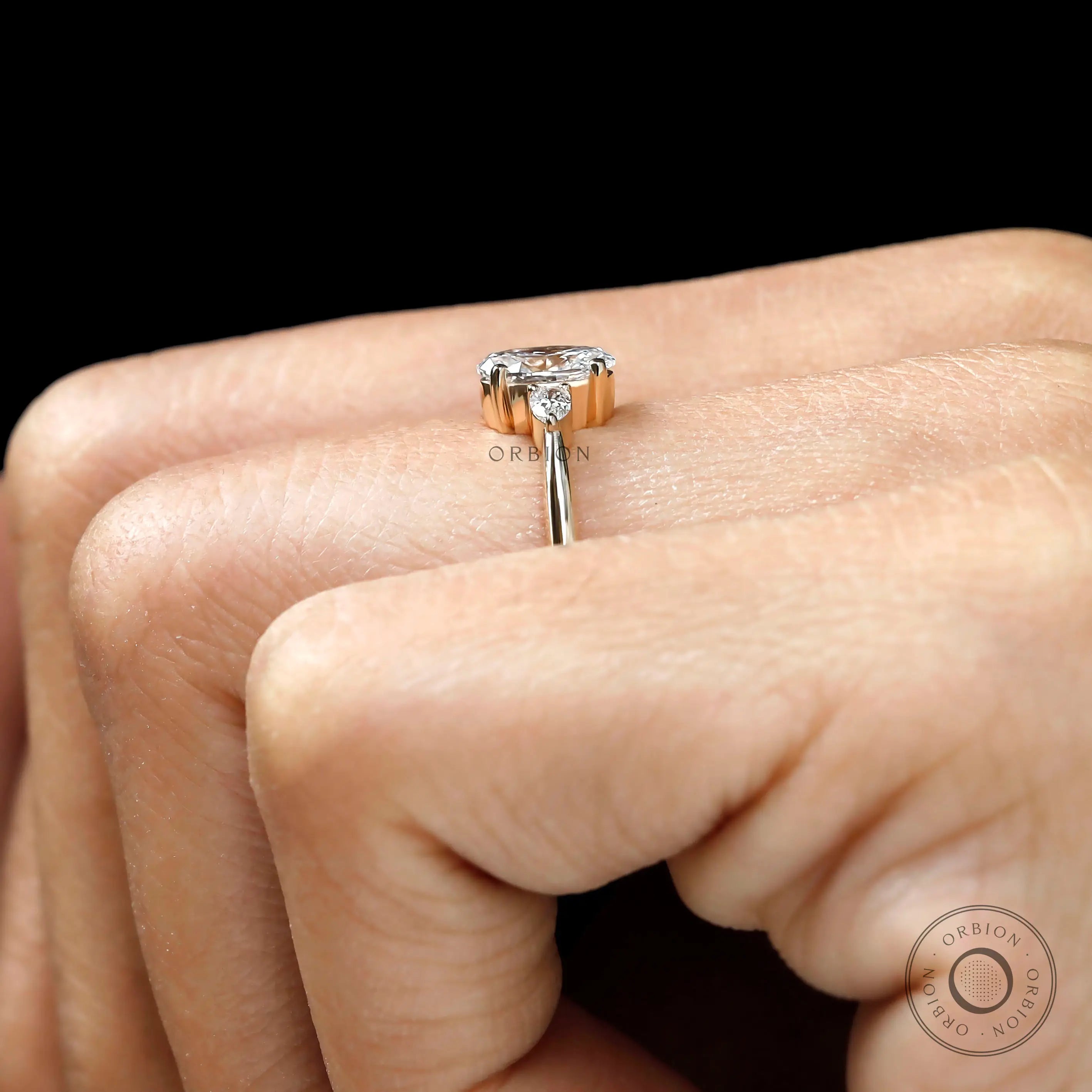 Oval moissanite or lab diamond 3 stone  ring minimal style side view