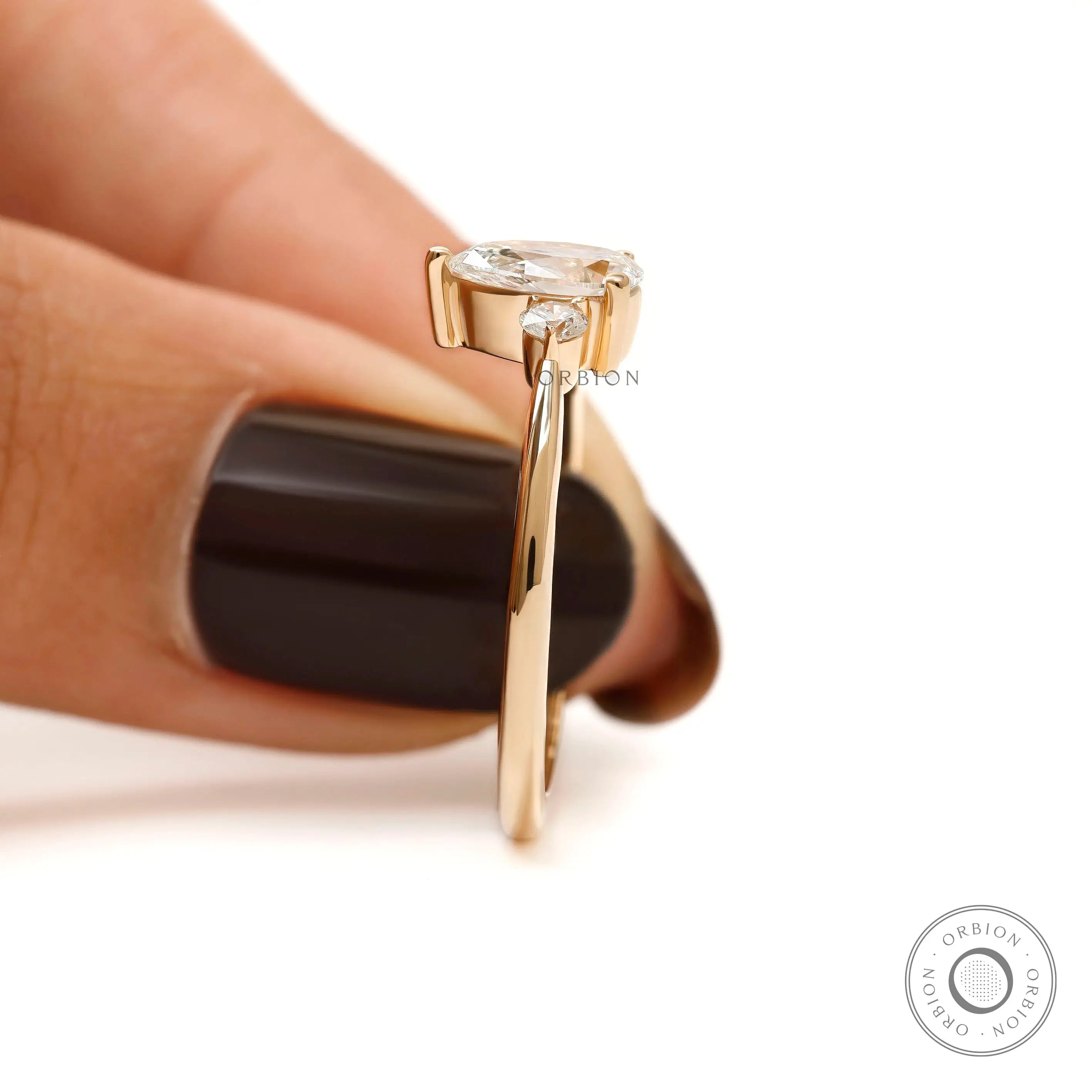 Lab diamond pear three stone ring thin band design