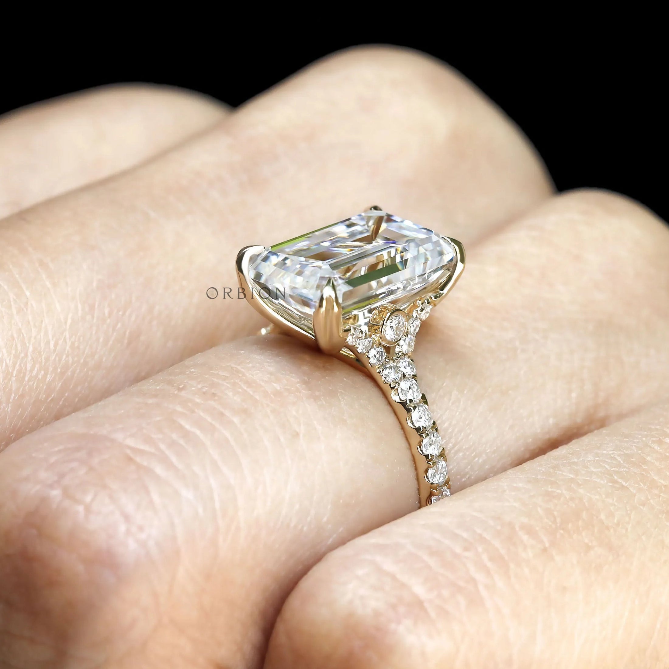 Yellow gold emerald cut solitaire ring, 4.5 ct moissanite or lab diamond statement