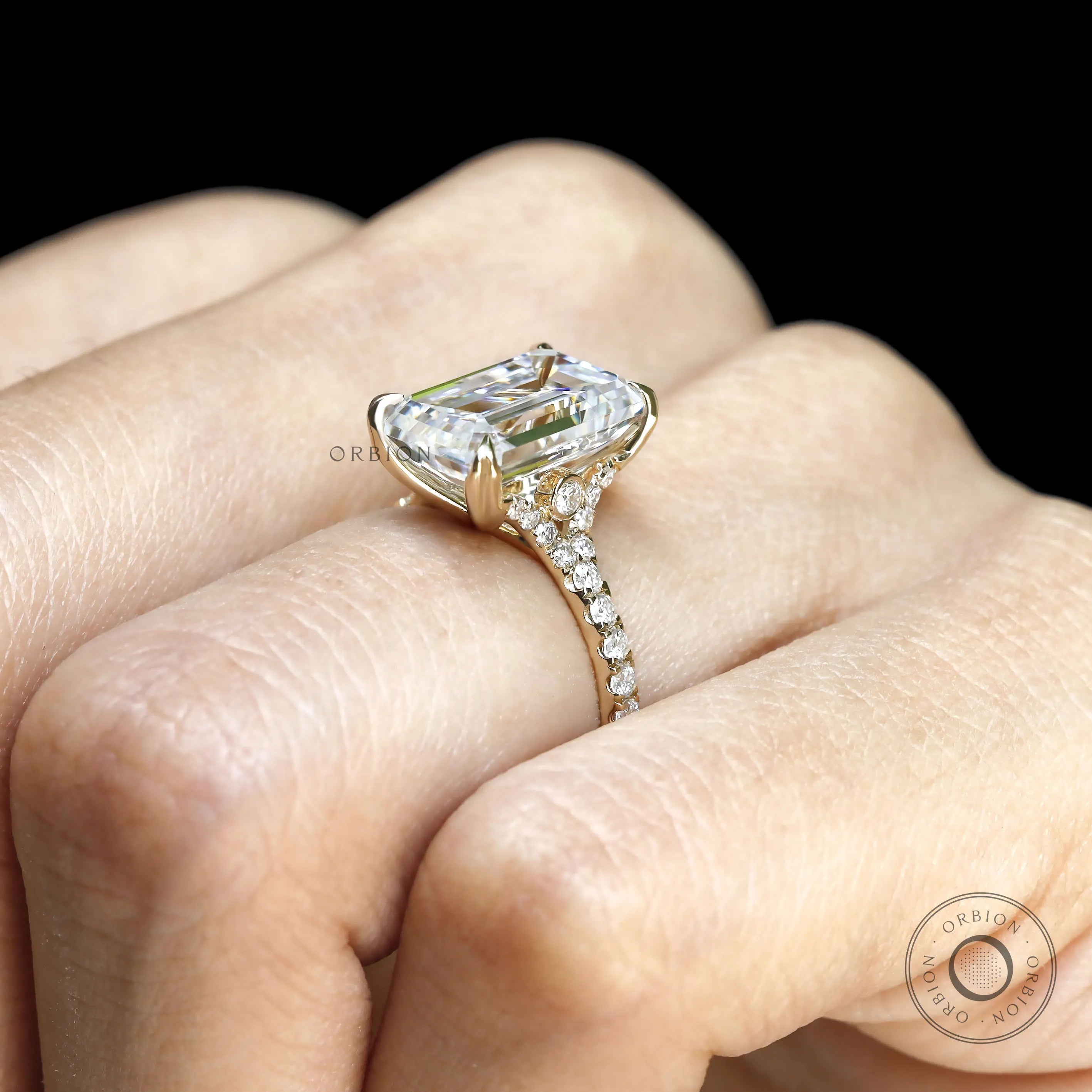 Yellow gold emerald cut solitaire ring, 4.5 ct moissanite or lab diamond statement