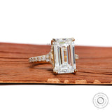 10k yellow gold split shank engagement ring with 4.5 ct emerald cut moissanite or lab diamond