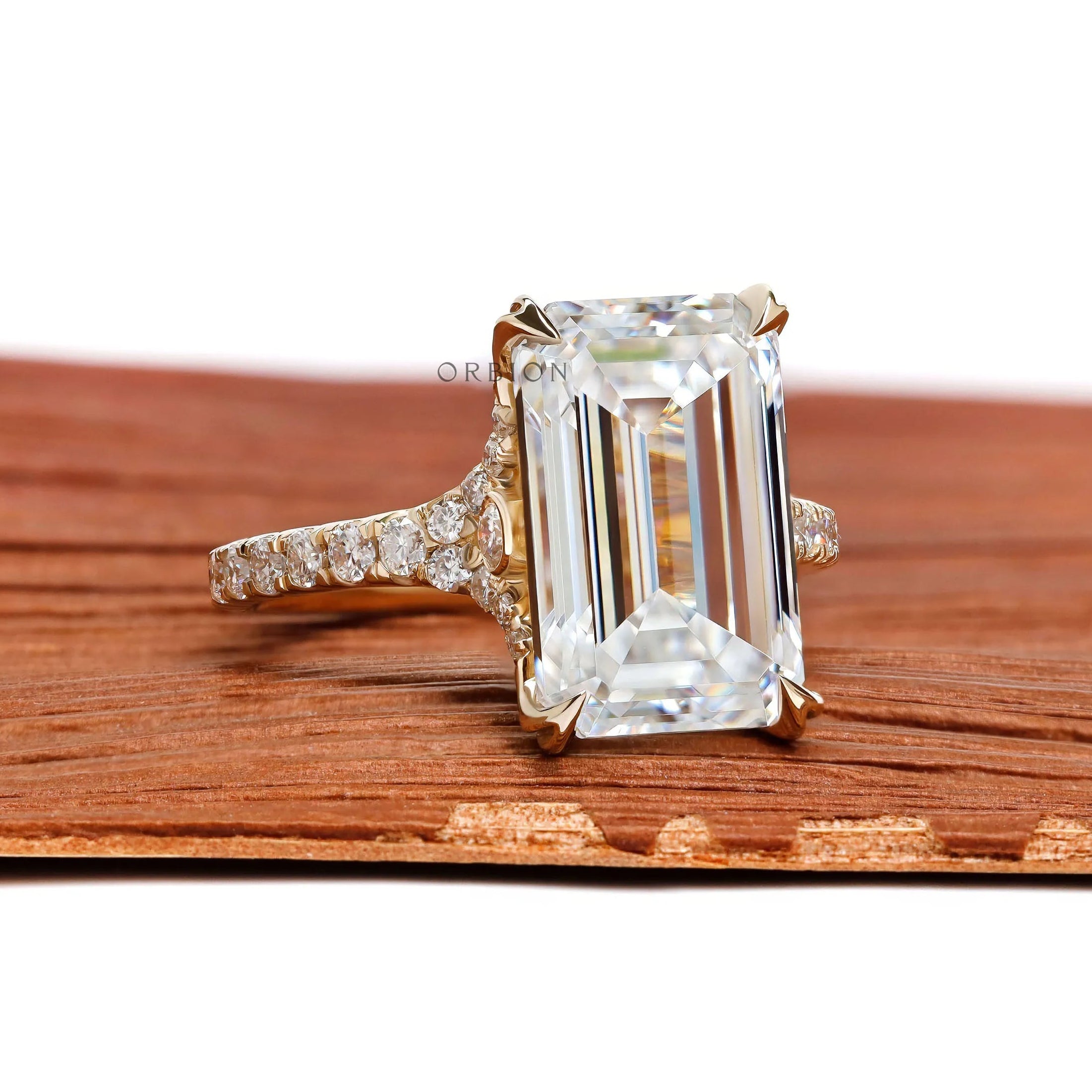 10k yellow gold split shank engagement ring with 4.5 ct emerald cut moissanite or lab diamond