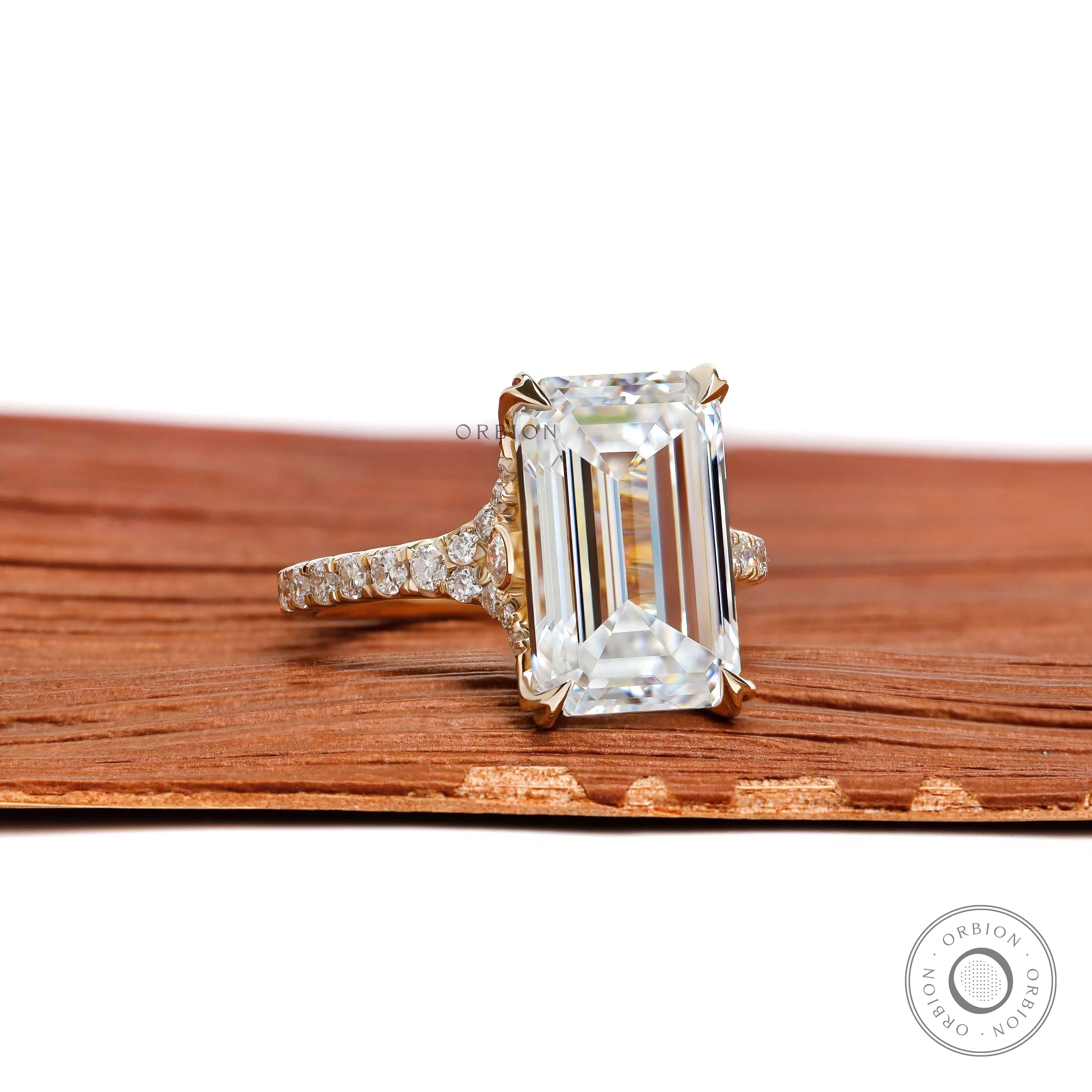 10k yellow gold split shank engagement ring with 4.5 ct emerald cut moissanite or lab diamond