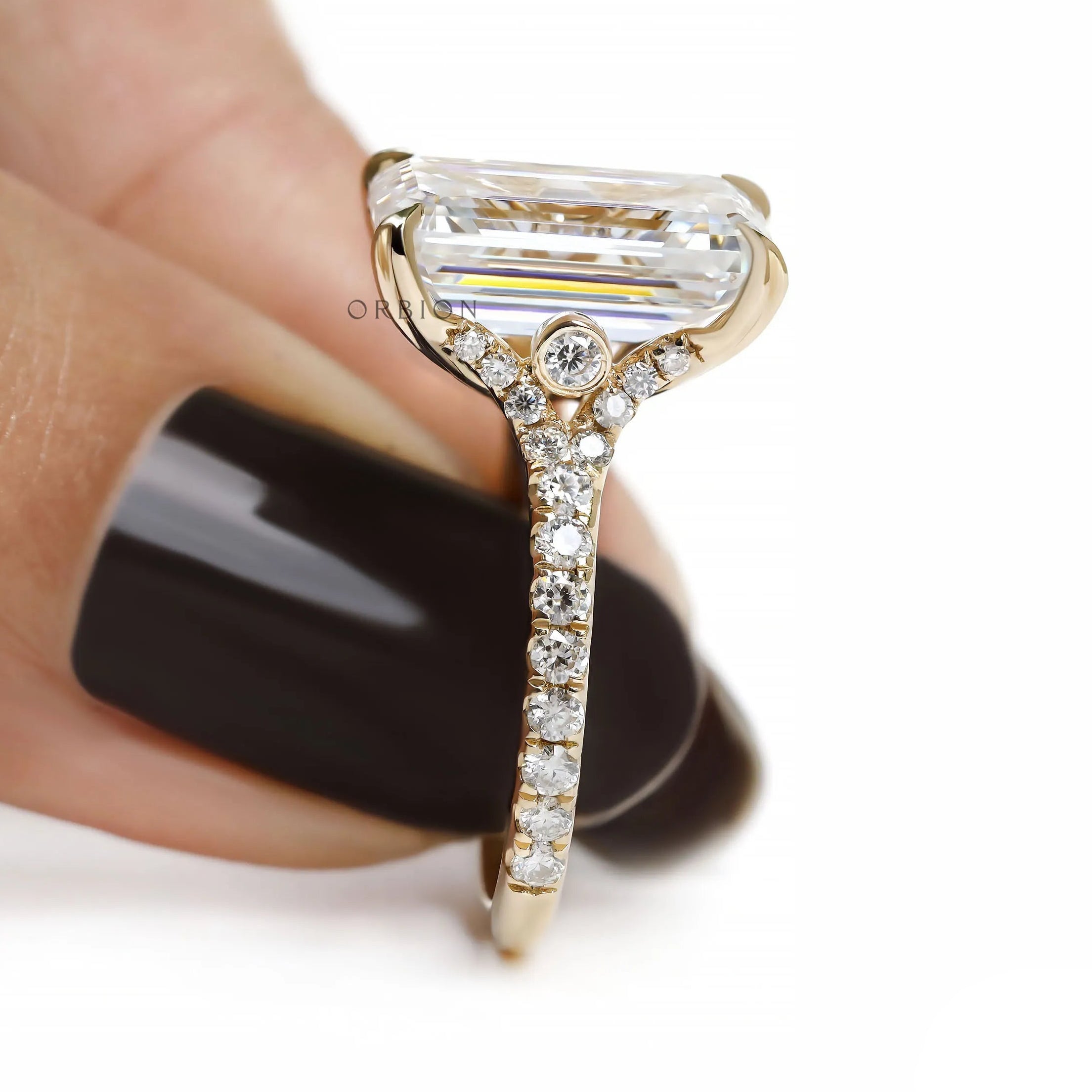 Stunning emerald cut lab diamond or moissanite ring, split shank with pave set stones