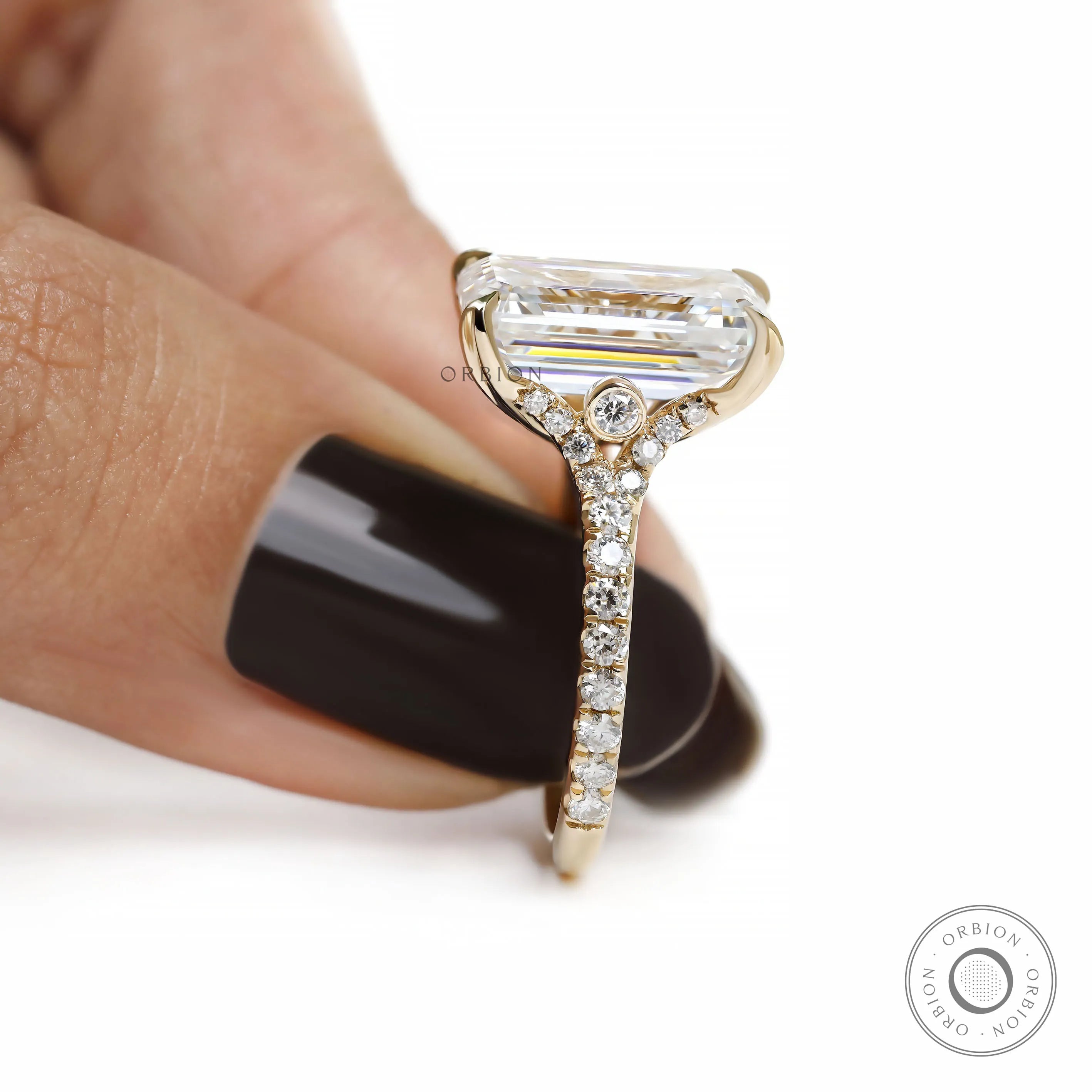 Stunning emerald cut lab diamond or moissanite ring, split shank with pave set stones