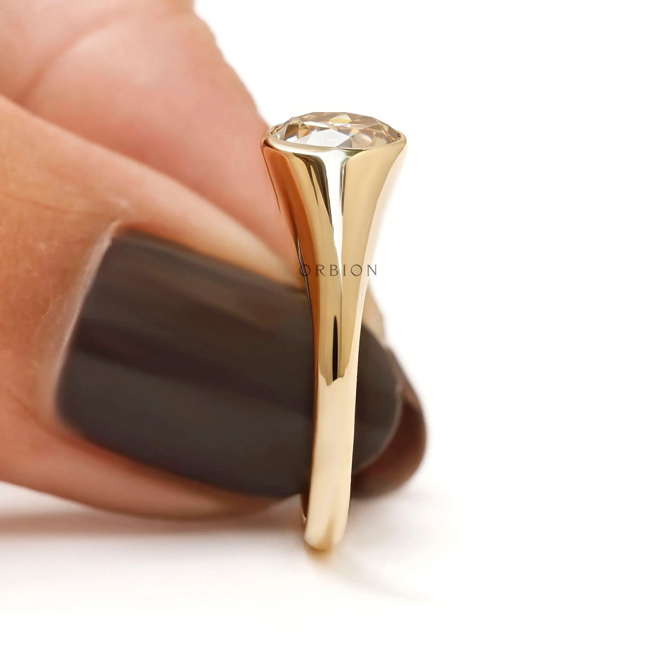 Antique inspired old european cut champagne moissanite signet ring
