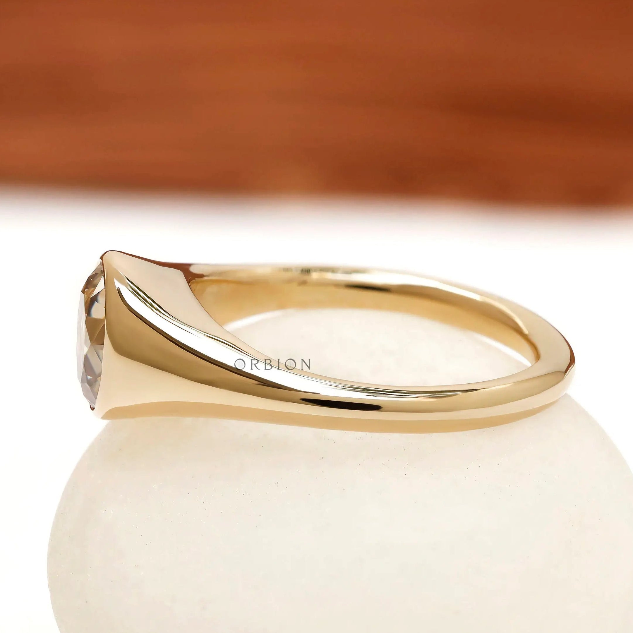 Old european cut champagne moissanite signet ring polished gold band
