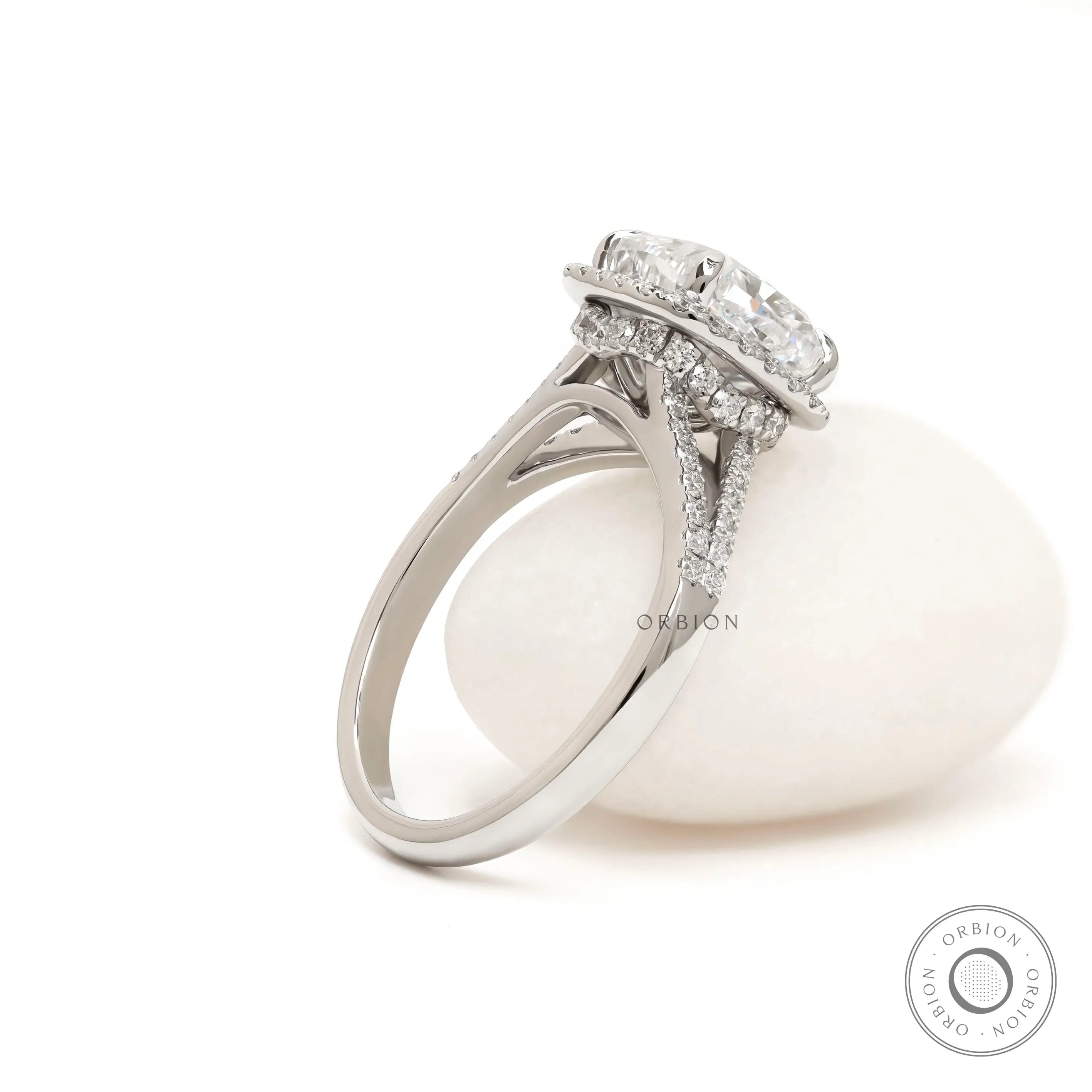 Luxury halo engagement ring with split shank design