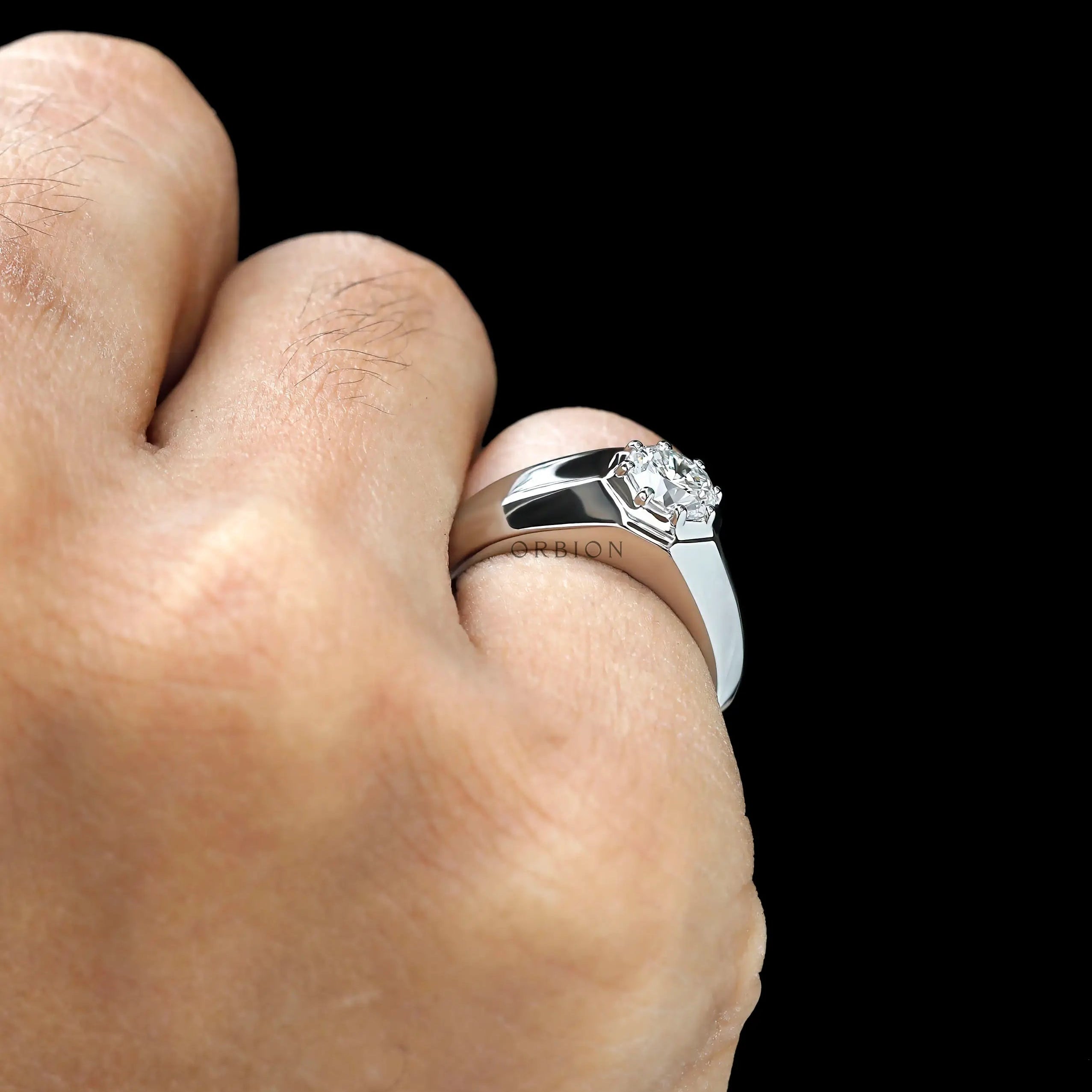 Chunky men’s diamond signet ring with tapered shank in platinum