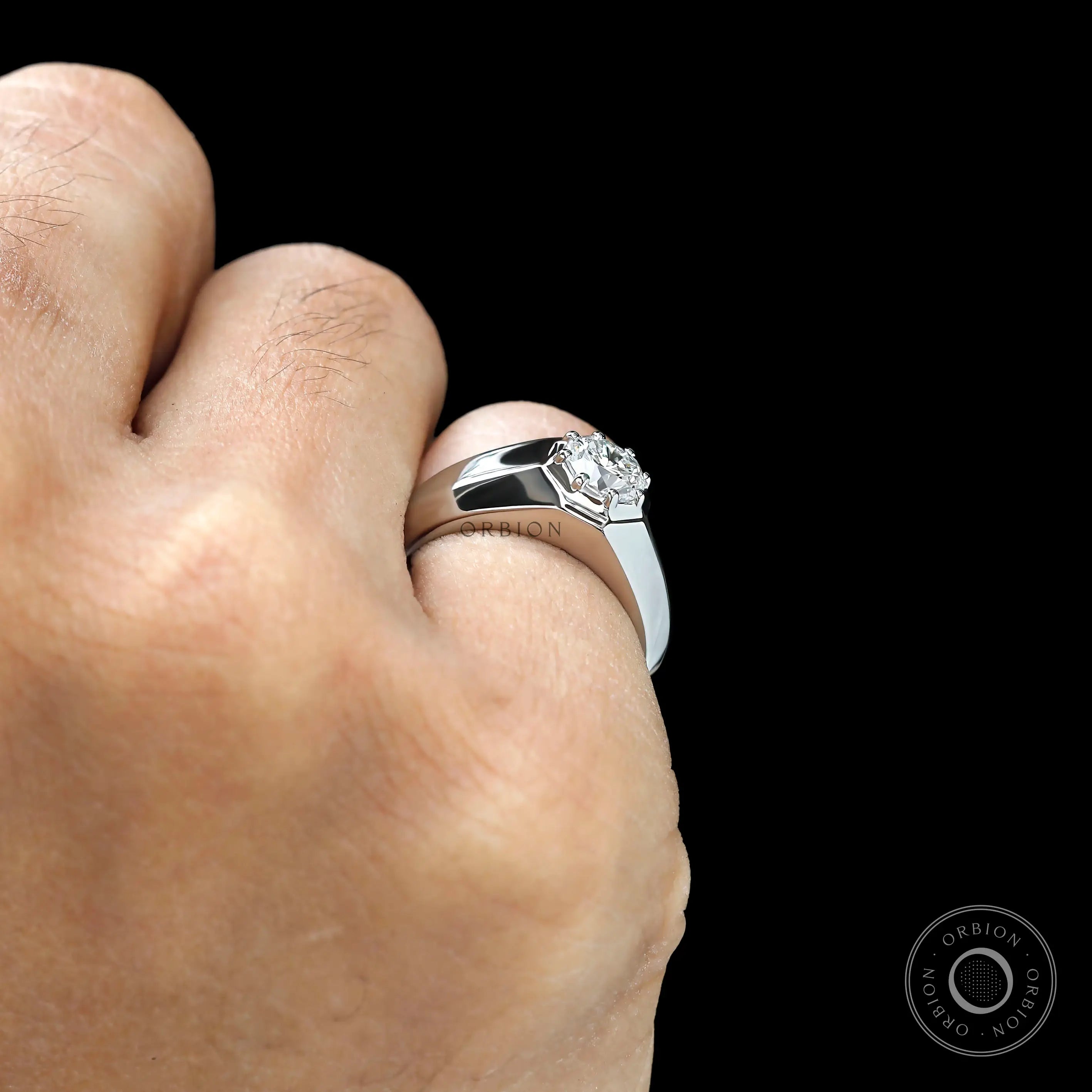 Chunky men’s diamond signet ring with tapered shank in platinum