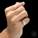 Men’s platinum signet ring with 1 CT lab diamond on finger