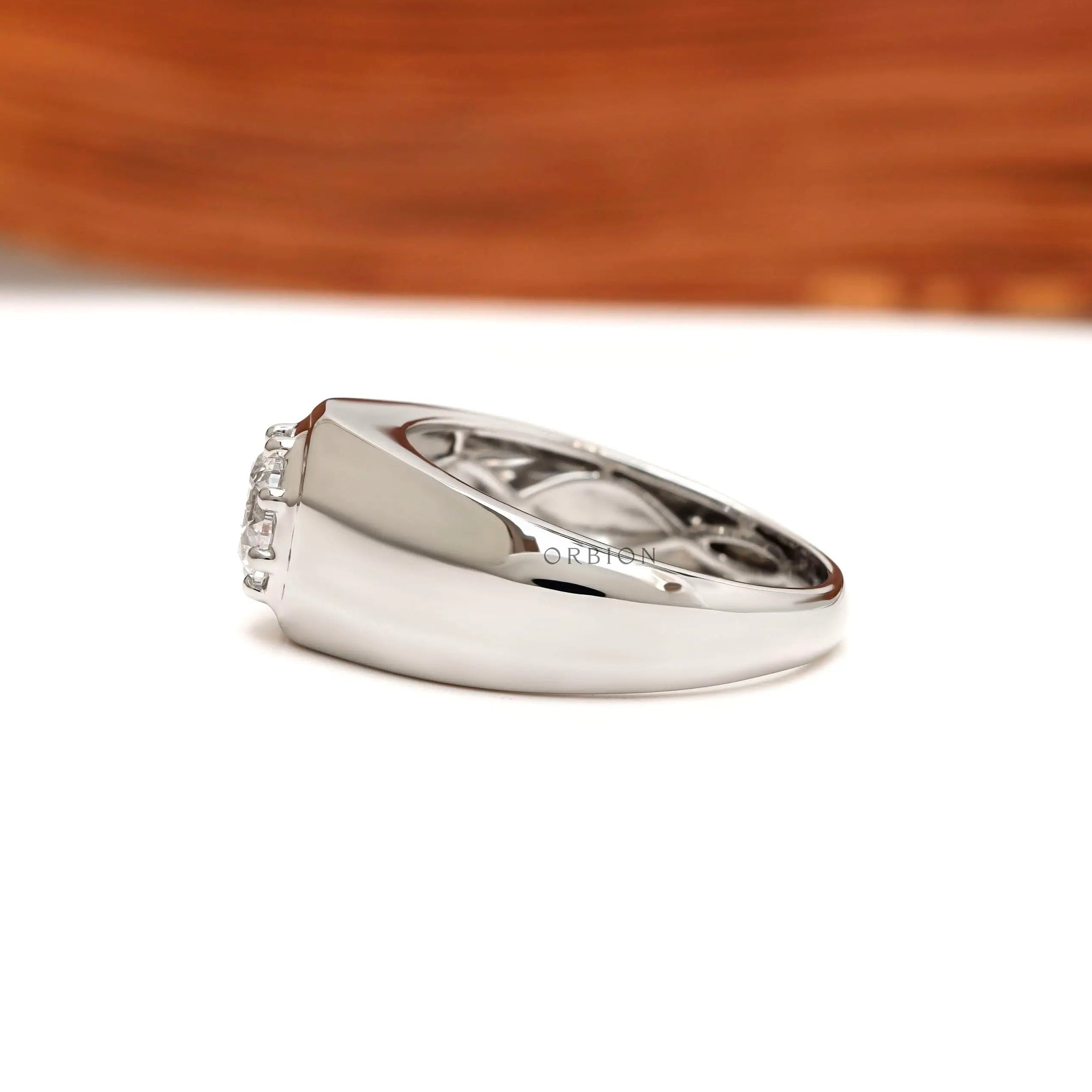 Men’s lab grown diamond ring showing tapered shank profile