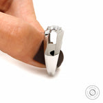 Side view of men’s platinum multi prong diamond ring showing tapered shank