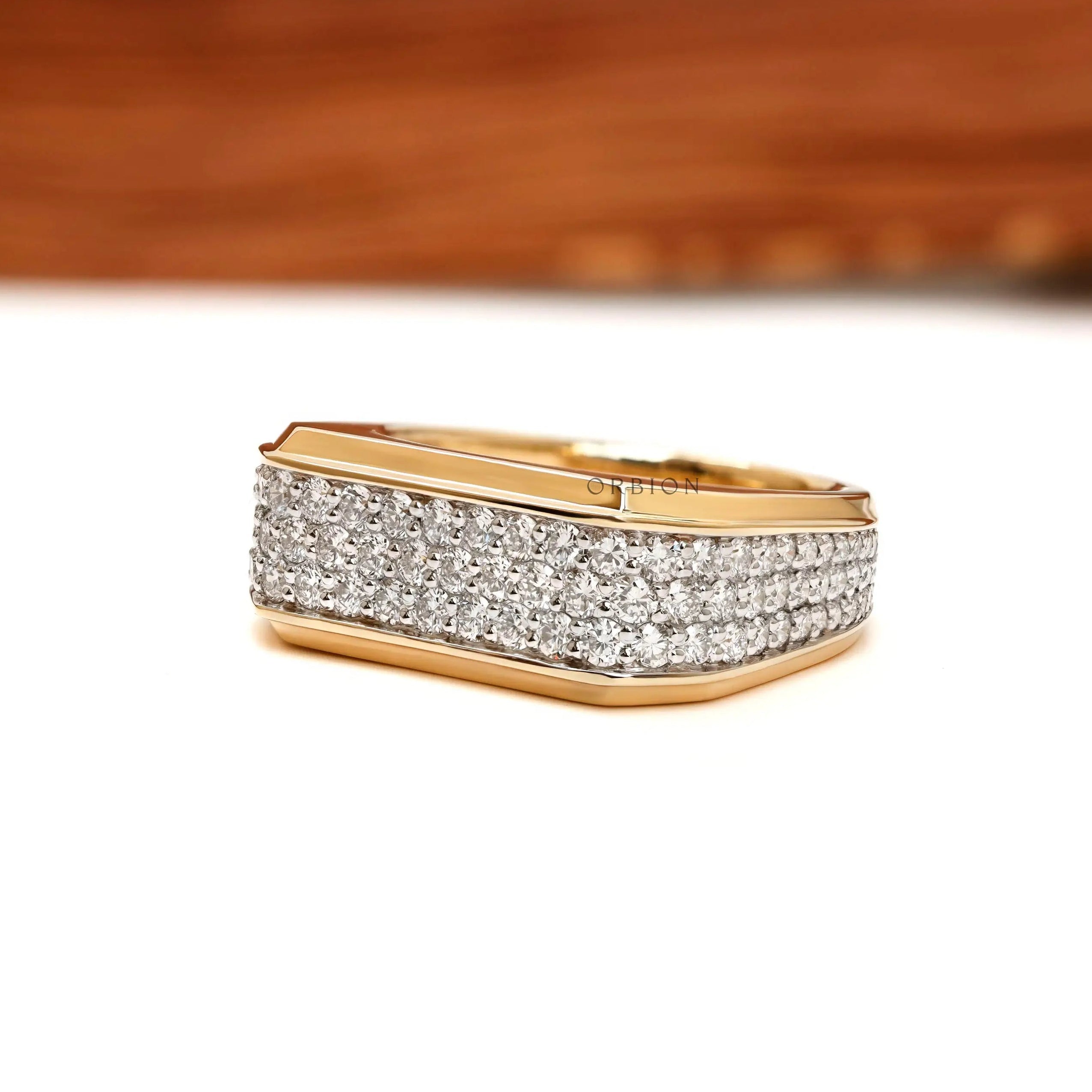 Men’s chunky lab diamond pavé ring in 10K yellow gold front view