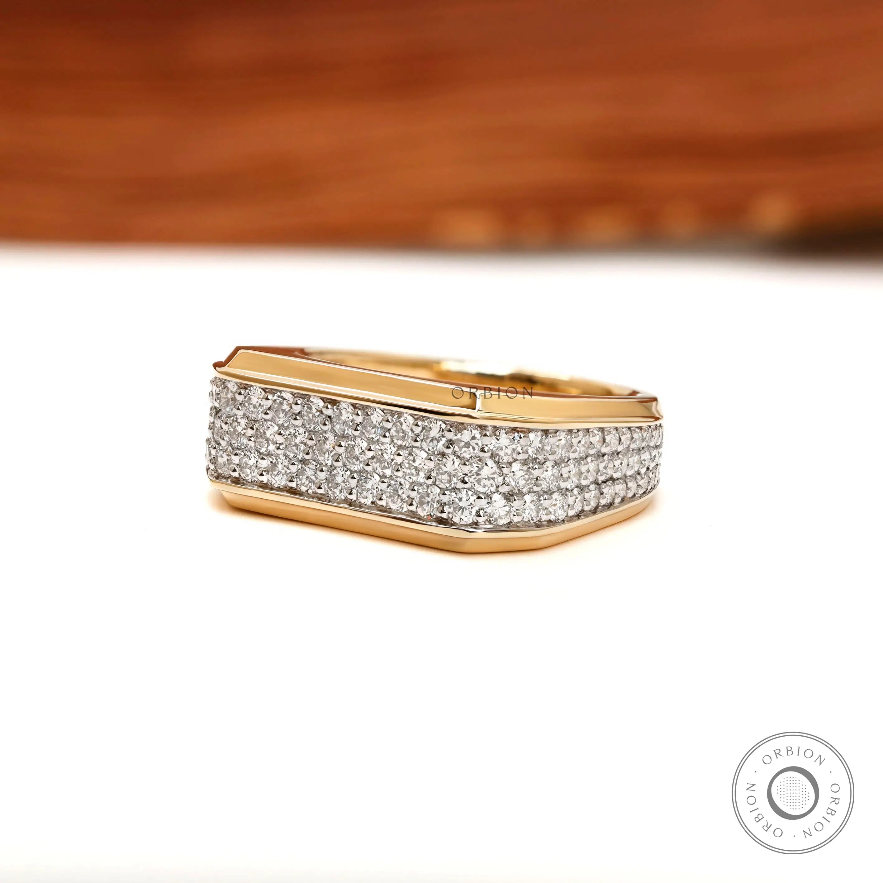 Men’s chunky lab diamond pavé ring in 10K yellow gold front view