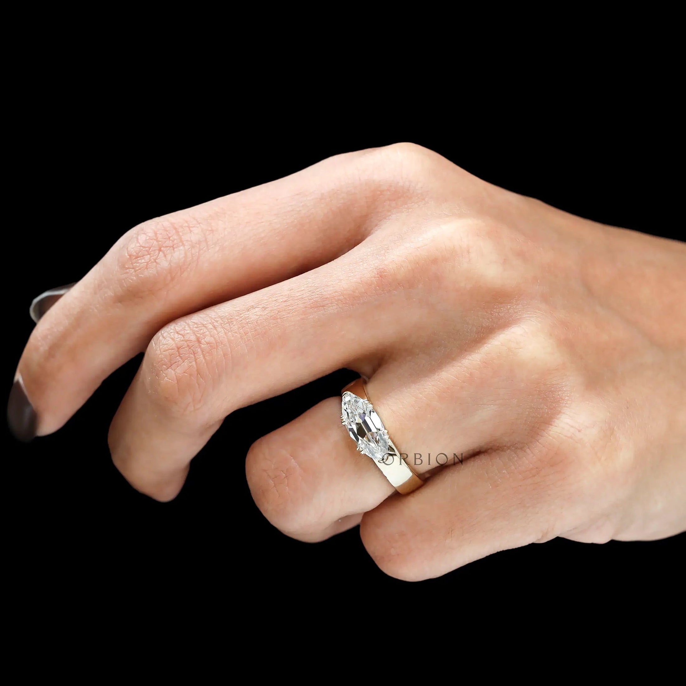 East west moval signet ring with old mine cut lab diamond