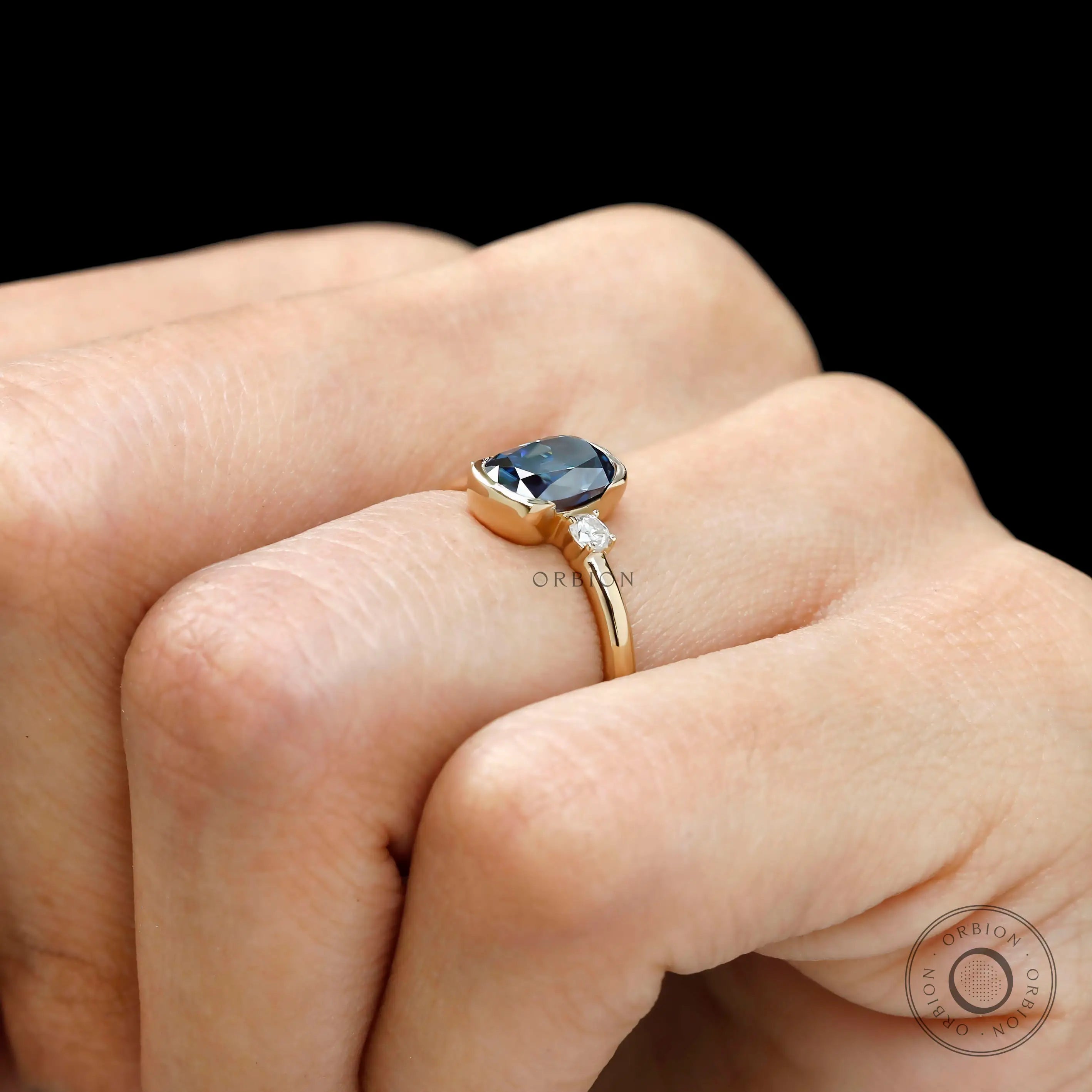 Deep blue old mine cut cushion moissanite engagement ring