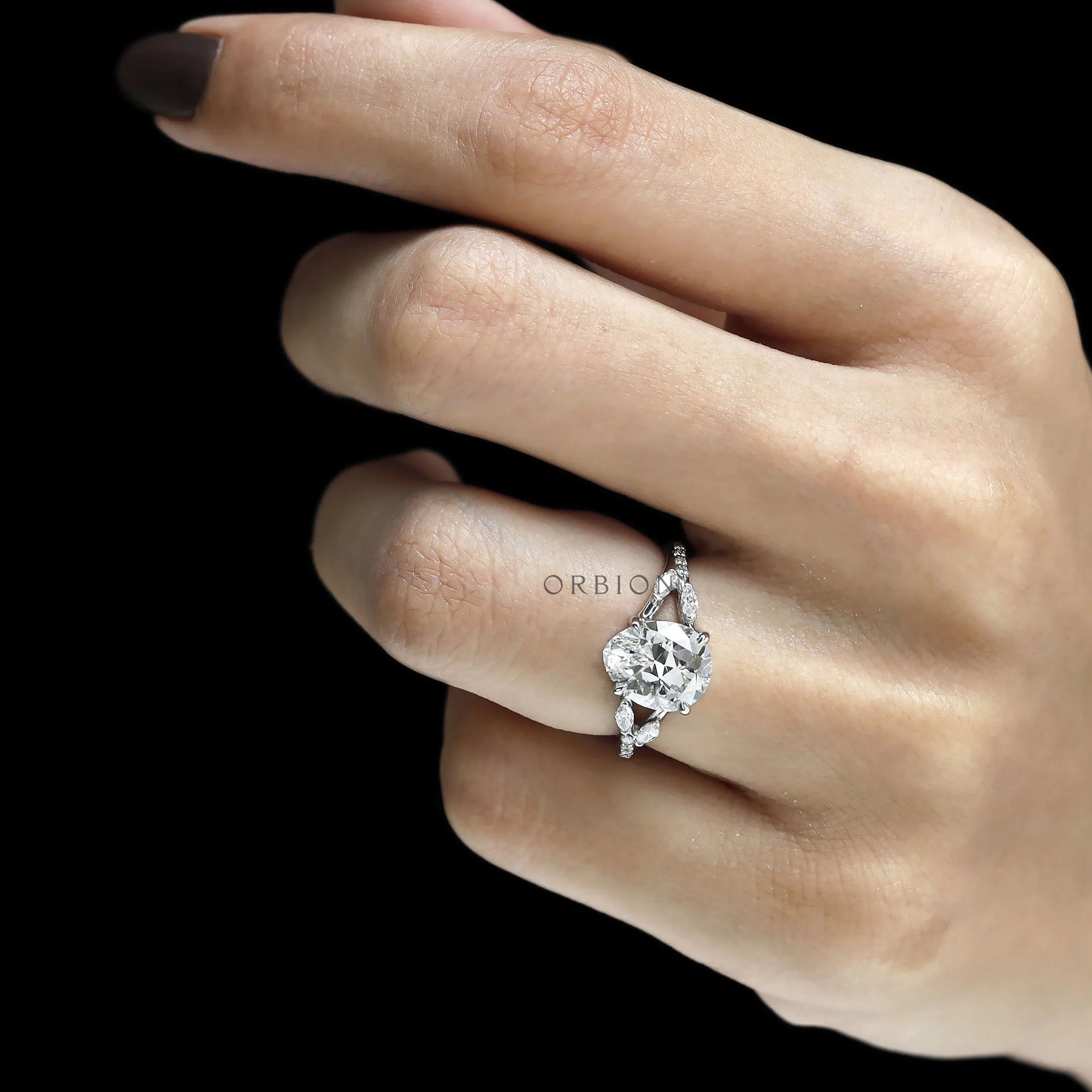 Split shank platinum engagement ring with fat pear lab diamond 