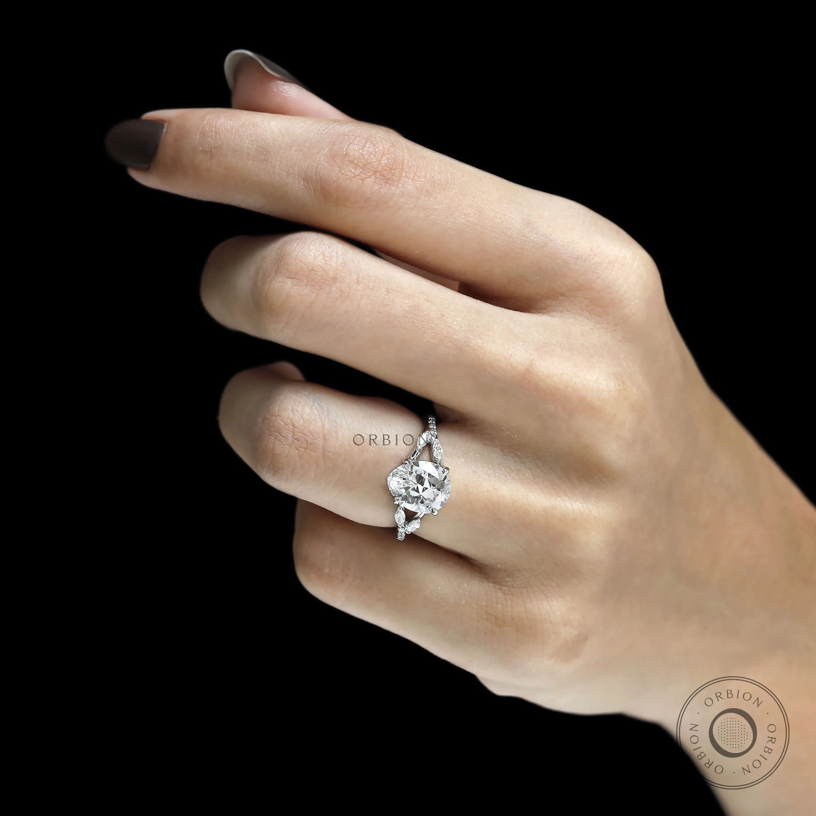 Split shank platinum engagement ring with fat pear lab diamond 