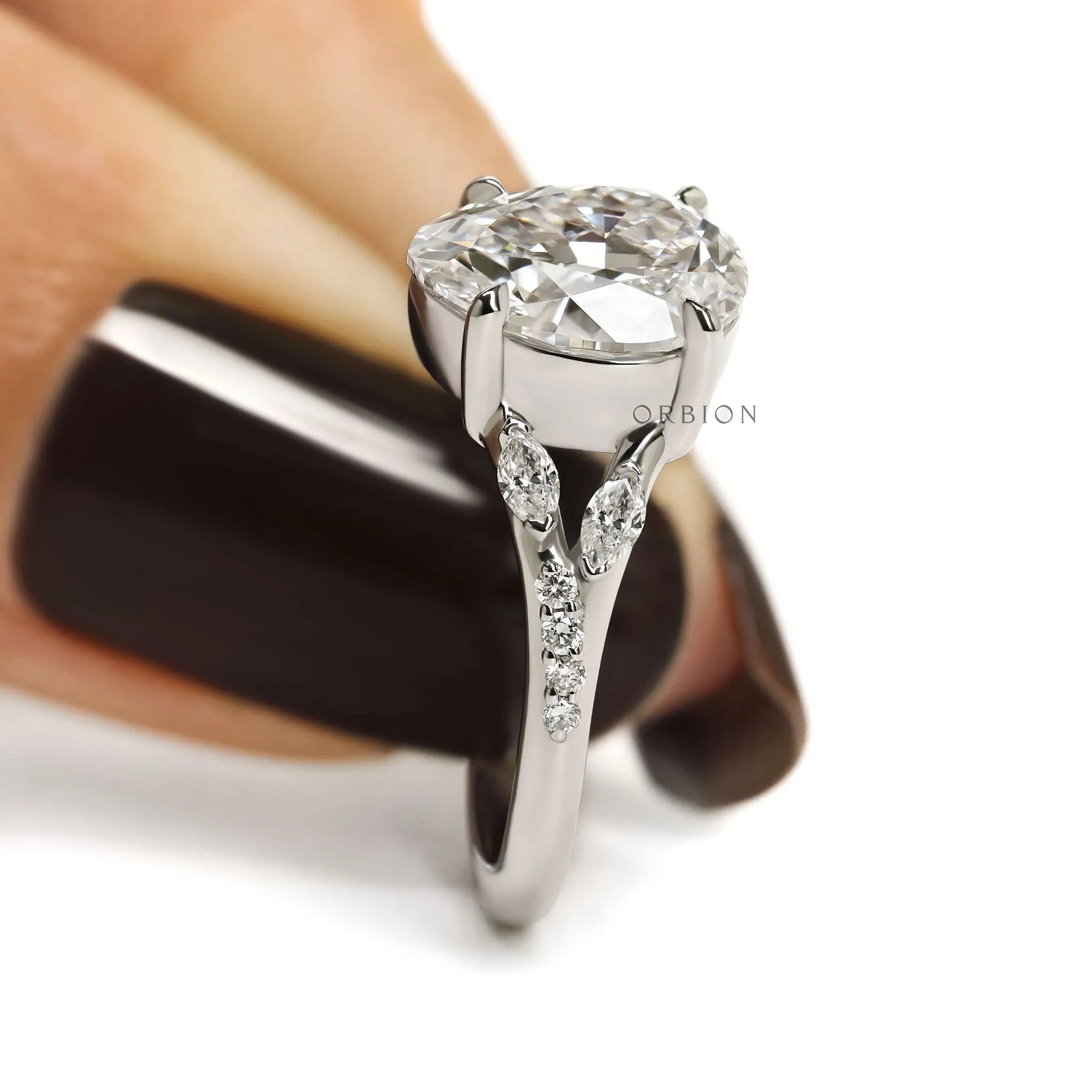 Fat pear lab grown diamond engagement ring with platinum split shank 