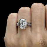 14k White gold vintage ring with elongated cushion center and engraved shank