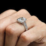 Detailed scroll engraving ring with elongated cushion moissanite in white gold