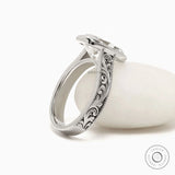 14k White gold milgrain ring with old mine cut elongated cushion moissanite