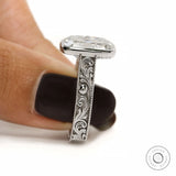 Vintage engraved white gold ring with elongated cushion lab diamond center