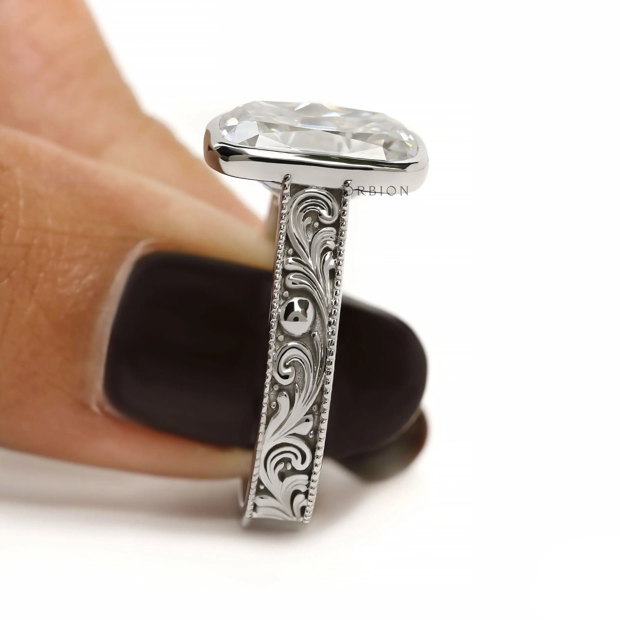 Vintage engraved white gold ring with elongated cushion lab diamond center