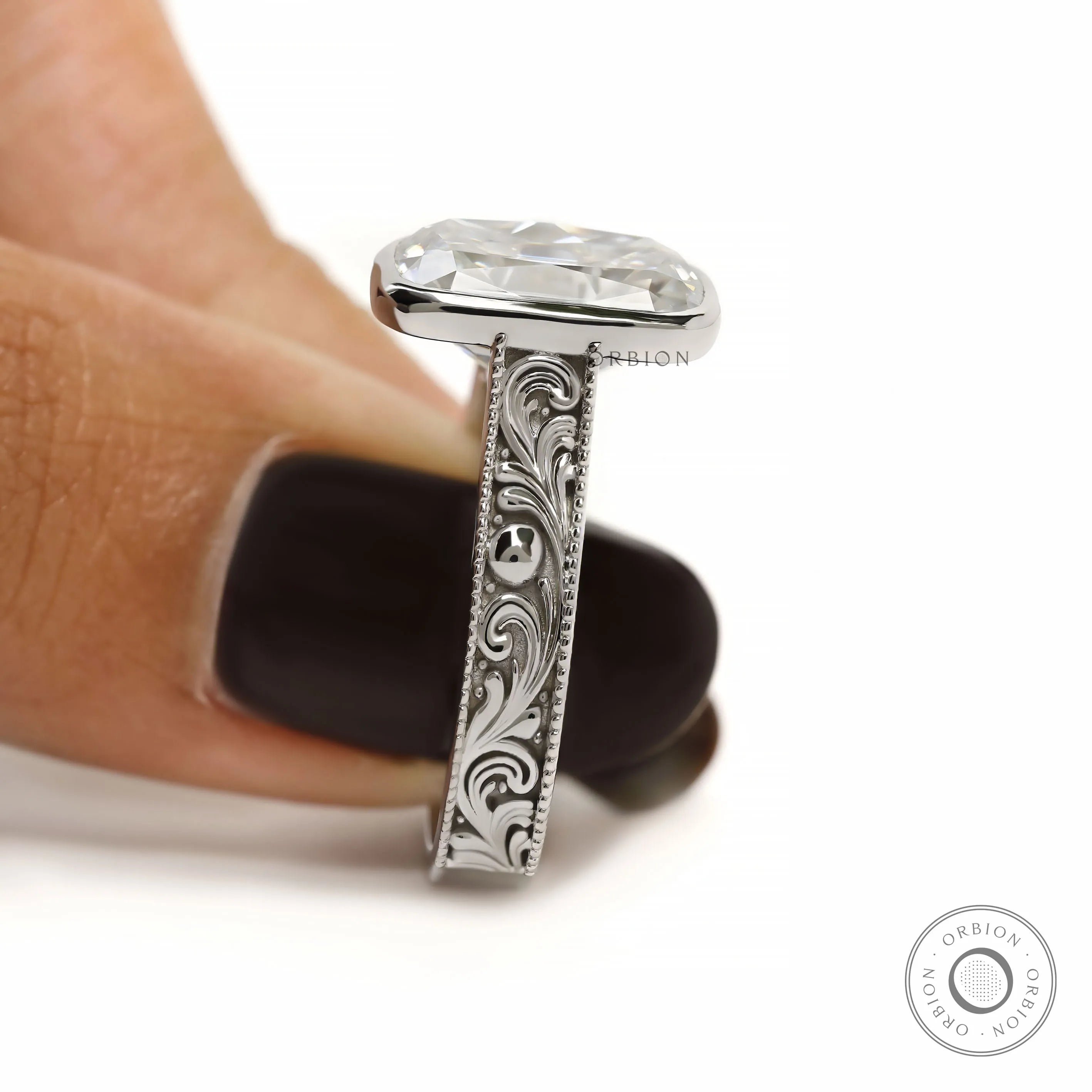 Vintage engraved white gold ring with elongated cushion lab diamond center