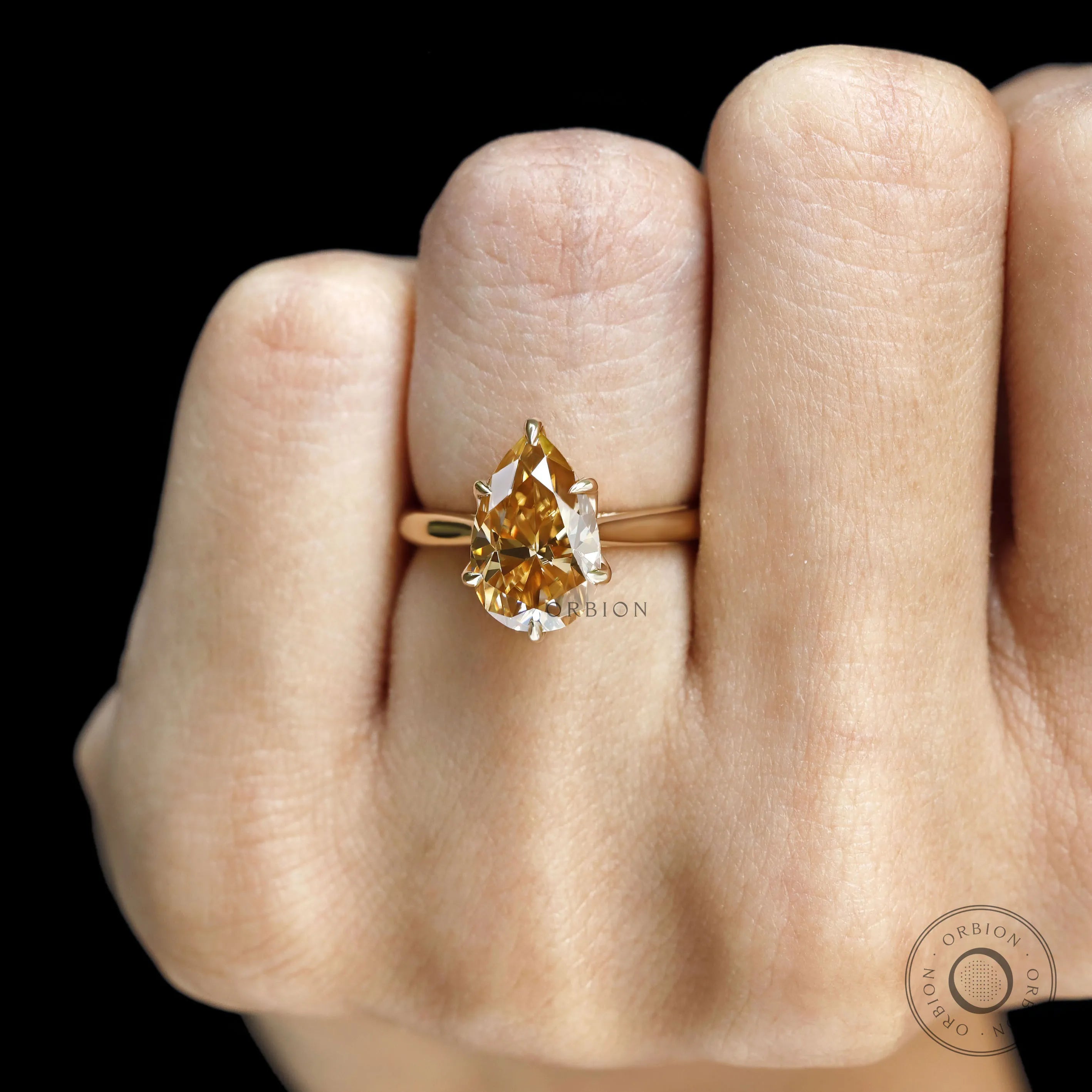 Floral tulip cathedral ring featuring pear dark champagne moissanite, 18k yellow gold