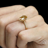 18k yellow gold pear dark champagne moissanite ring with floral tulip setting