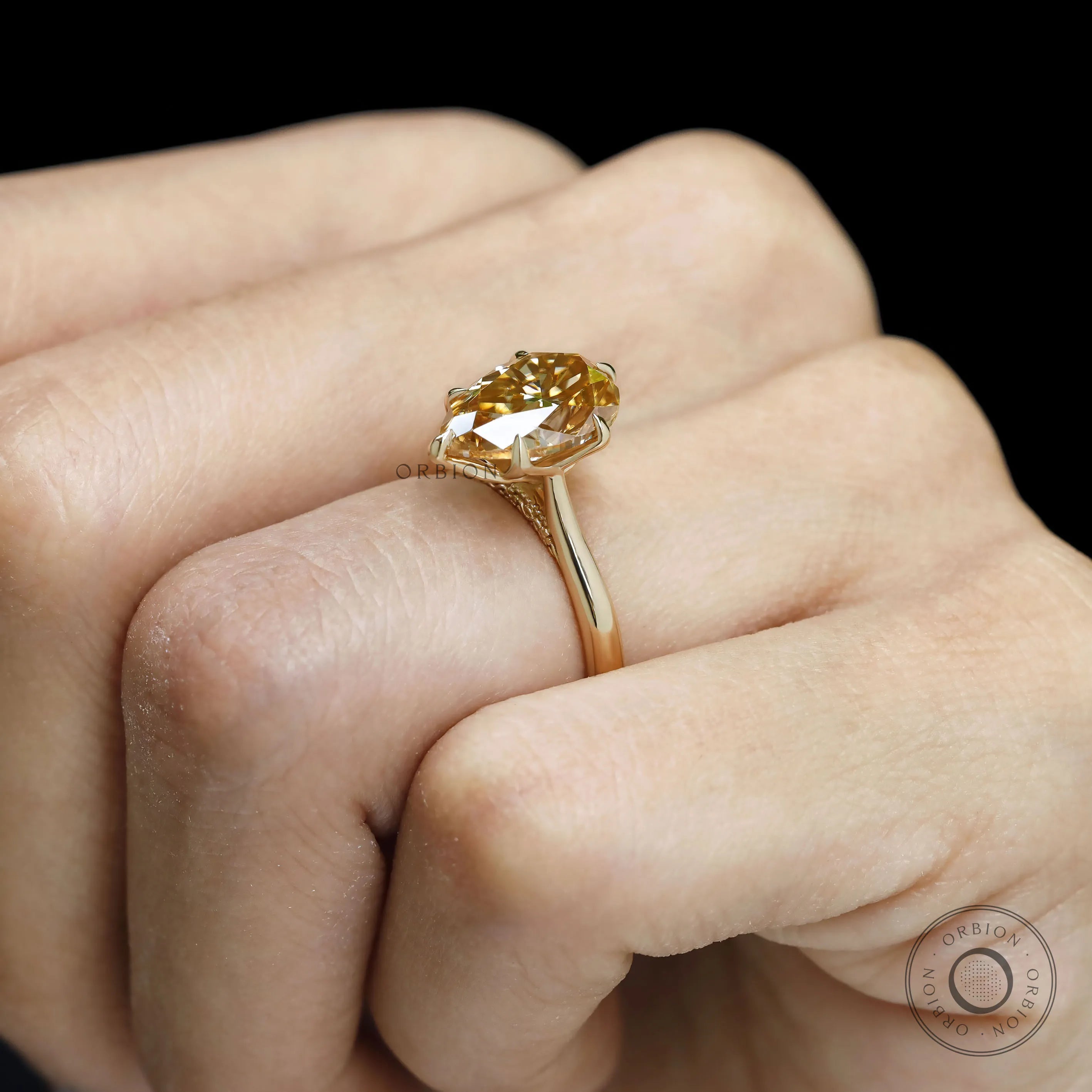 18k yellow gold pear dark champagne moissanite ring with floral tulip setting