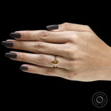 Tulip inspired floral bridge ring with pear champagne moissanite, 18k yellow gold