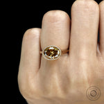18k yellow gold East West oval dark champagne moissanite ring, tulip set, cathedral style