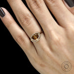 Tulip inspired East West oval moissanite ring, dark champagne stone, rope bezel, yellow gold