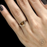Tulip inspired East West oval moissanite ring, dark champagne stone, rope bezel, yellow gold