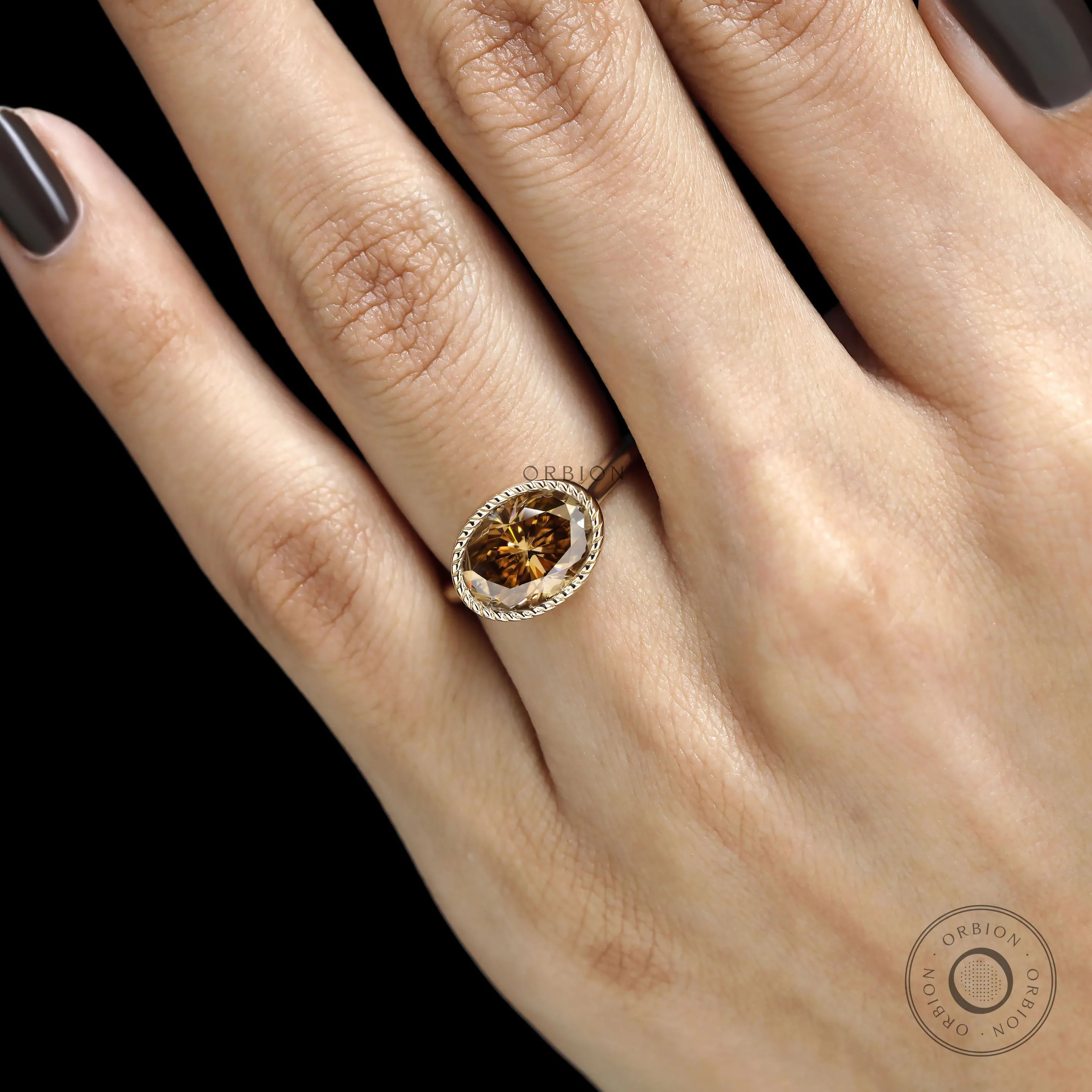 Tulip inspired East West oval moissanite ring, dark champagne stone, rope bezel, yellow gold