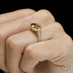 Oval East West moissanite ring in dark champagne, tulip set with 18k yellow gold rope bezel