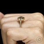 East West dark champagne moissanite oval cocktail ring with tulip set and cathedral 18k gold band