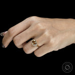 Unique East West orientation oval dark champagne moissanite ring, tulip set, 18k yellow gold