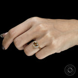 Unique East West orientation oval dark champagne moissanite ring, tulip set, 18k yellow gold