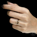 East West oval dark champagne moissanite cocktail ring with rope bezel and tulip setting, cathedral band