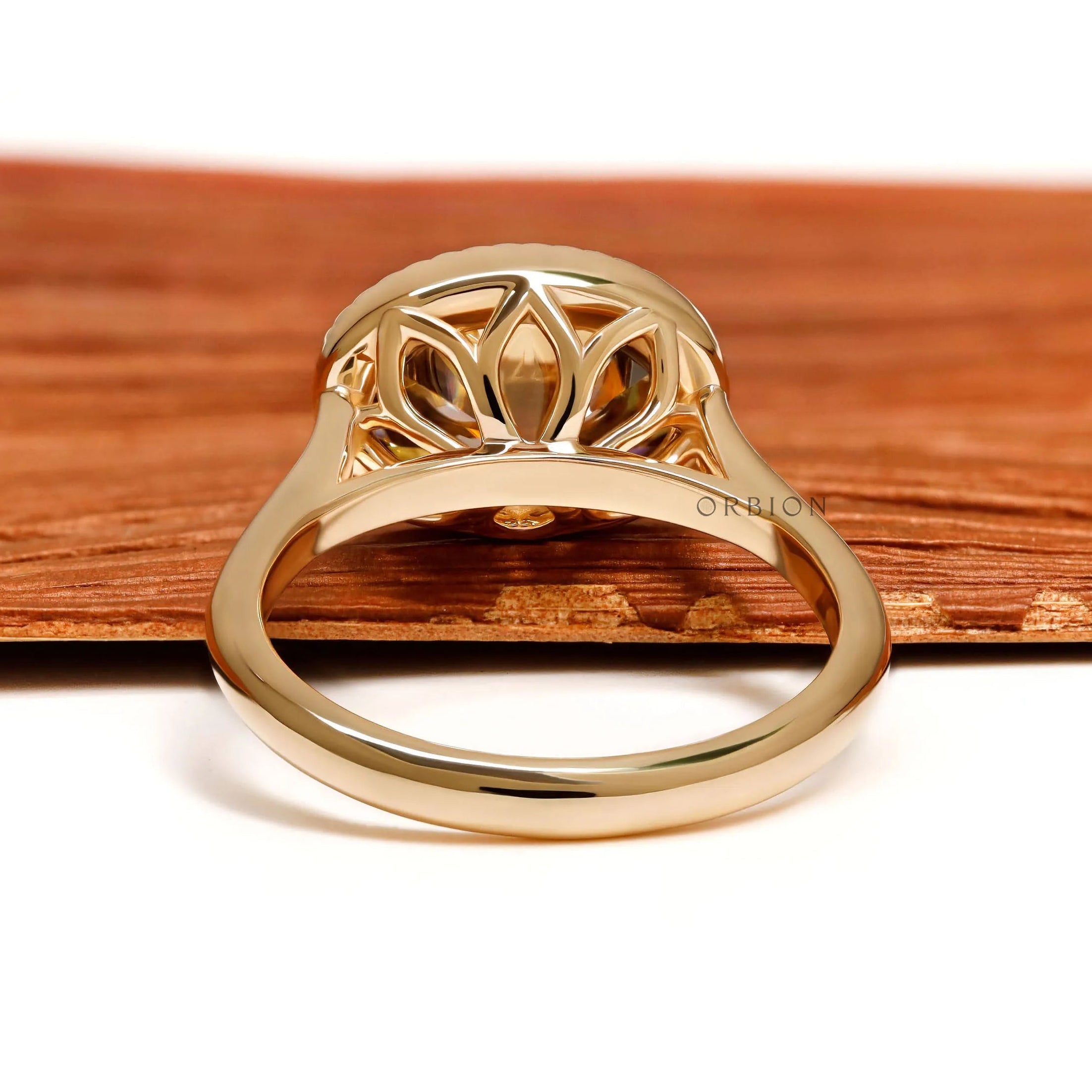 Oval dark champagne moissanite East West ring with tulip design, rope bezel, 18k yellow gold